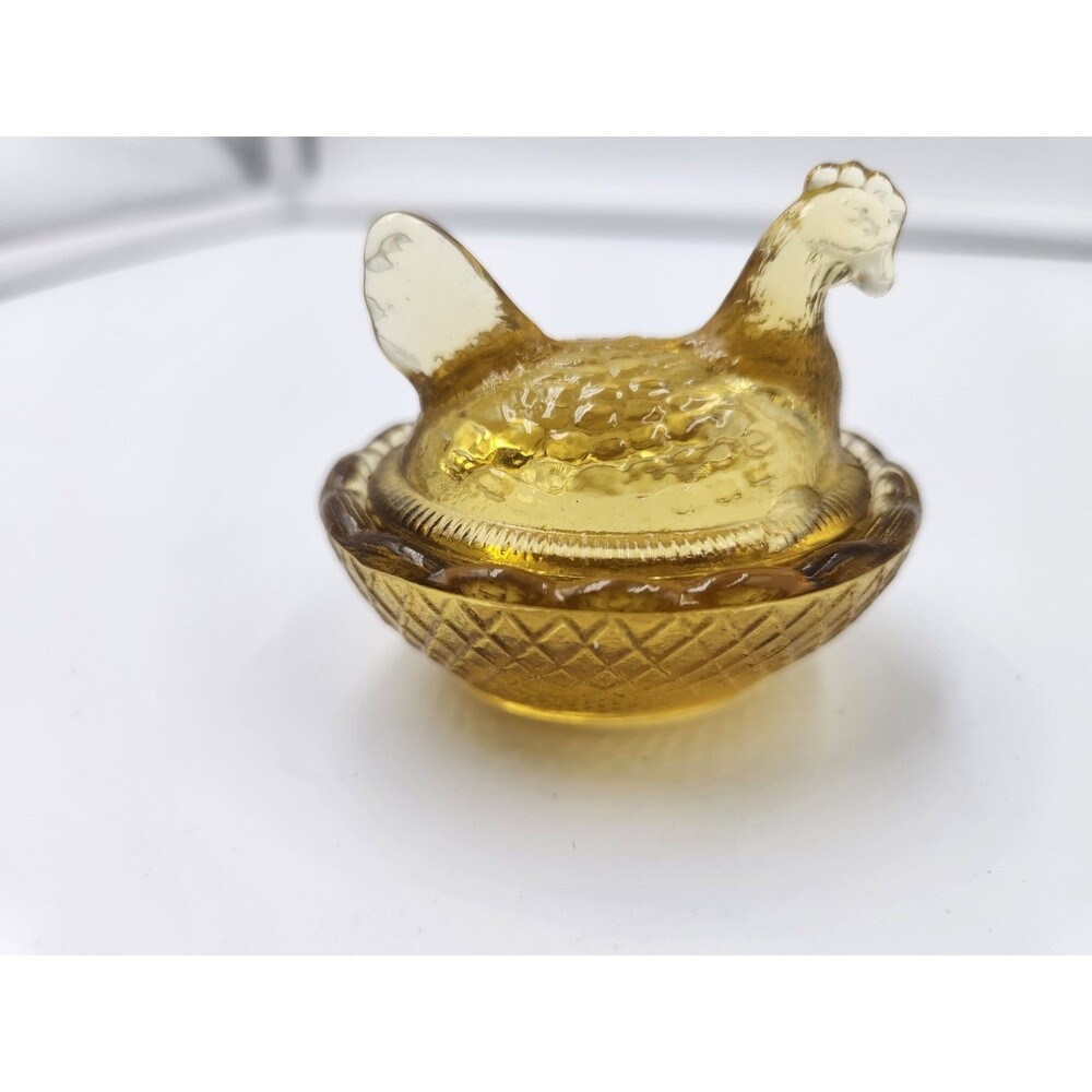 Vintage Mini Amber Hen on Nest Salt Cellar Chicken HON Gold Yellow Trinket Dish
